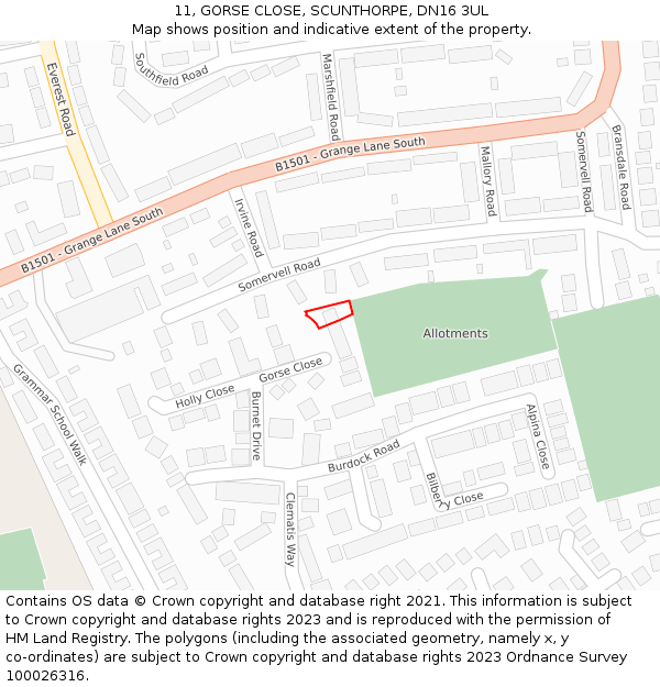 11, GORSE CLOSE, SCUNTHORPE, DN16 3UL: Location map and indicative extent of plot