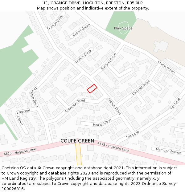 11, GRANGE DRIVE, HOGHTON, PRESTON, PR5 0LP: Location map and indicative extent of plot