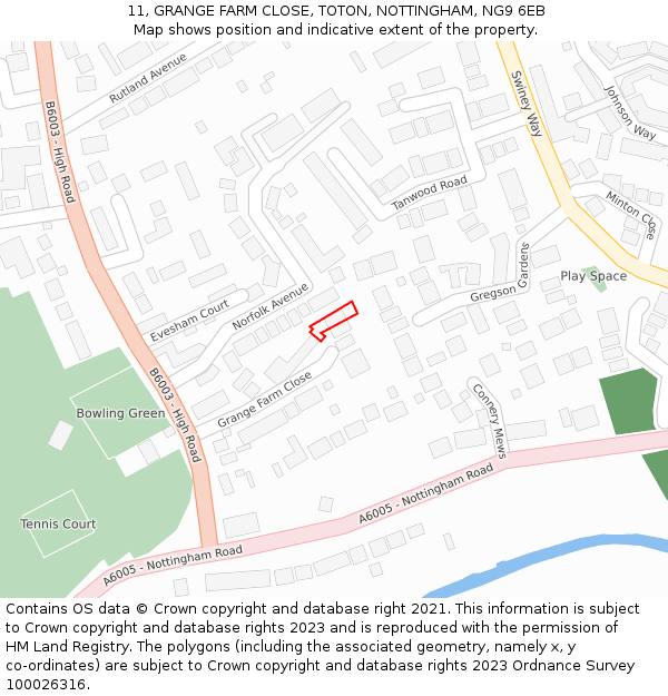 11, GRANGE FARM CLOSE, TOTON, NOTTINGHAM, NG9 6EB: Location map and indicative extent of plot