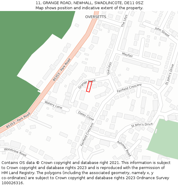 11, GRANGE ROAD, NEWHALL, SWADLINCOTE, DE11 0SZ: Location map and indicative extent of plot