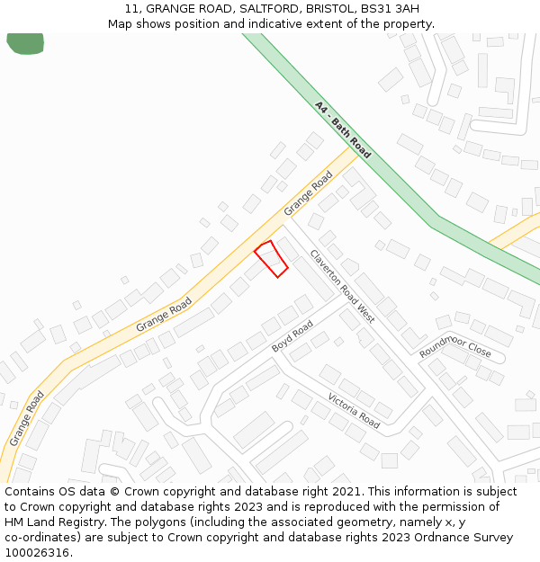 11, GRANGE ROAD, SALTFORD, BRISTOL, BS31 3AH: Location map and indicative extent of plot