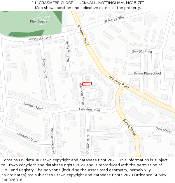 11, GRASMERE CLOSE, HUCKNALL, NOTTINGHAM, NG15 7FT: Location map and indicative extent of plot