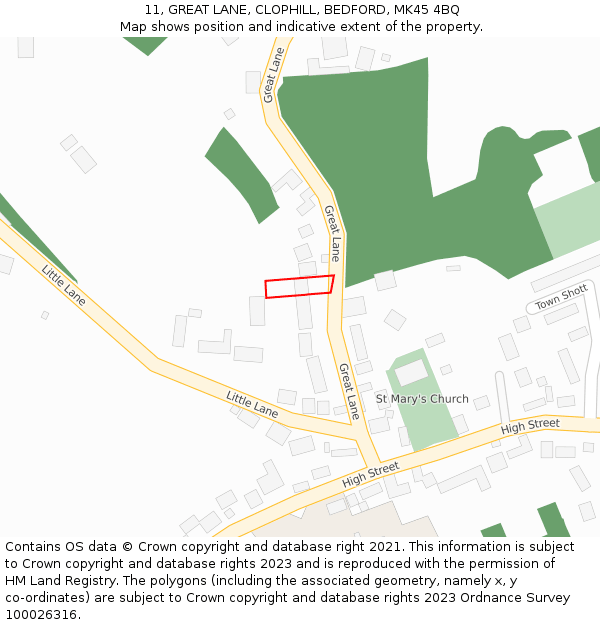 11, GREAT LANE, CLOPHILL, BEDFORD, MK45 4BQ: Location map and indicative extent of plot