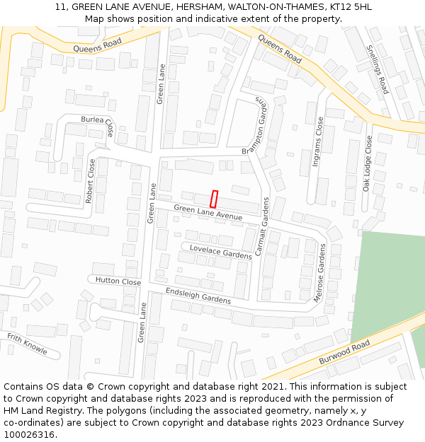 11, GREEN LANE AVENUE, HERSHAM, WALTON-ON-THAMES, KT12 5HL: Location map and indicative extent of plot
