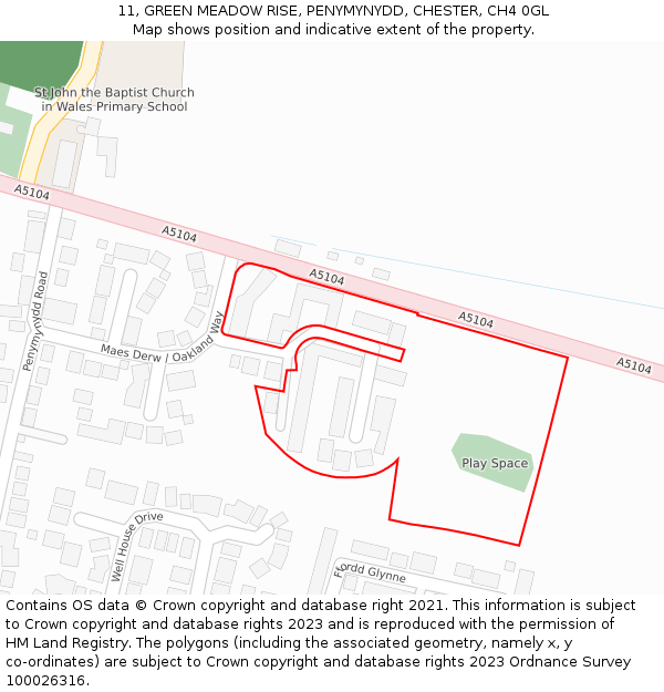 11, GREEN MEADOW RISE, PENYMYNYDD, CHESTER, CH4 0GL: Location map and indicative extent of plot
