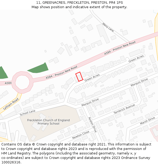 11, GREENACRES, FRECKLETON, PRESTON, PR4 1PS: Location map and indicative extent of plot