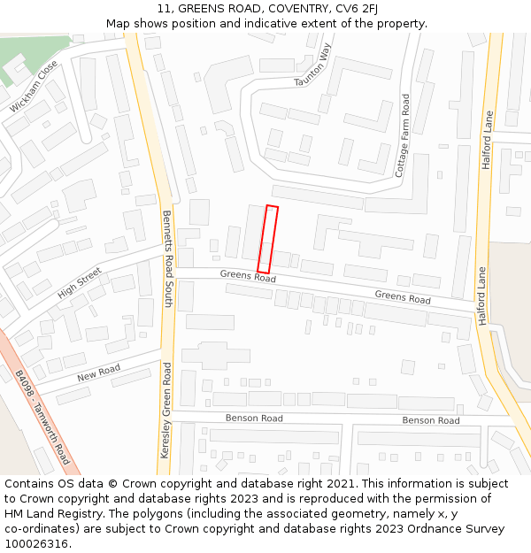 11, GREENS ROAD, COVENTRY, CV6 2FJ: Location map and indicative extent of plot
