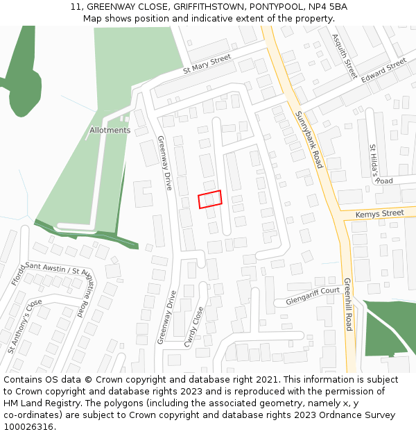 11, GREENWAY CLOSE, GRIFFITHSTOWN, PONTYPOOL, NP4 5BA: Location map and indicative extent of plot