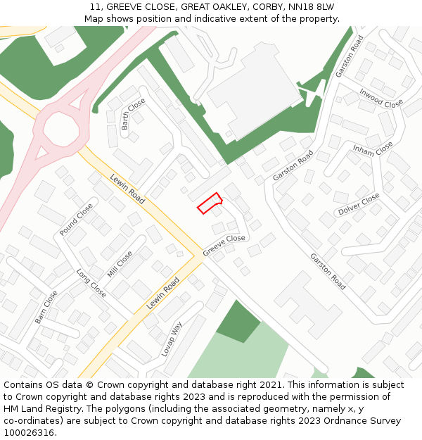 11, GREEVE CLOSE, GREAT OAKLEY, CORBY, NN18 8LW: Location map and indicative extent of plot