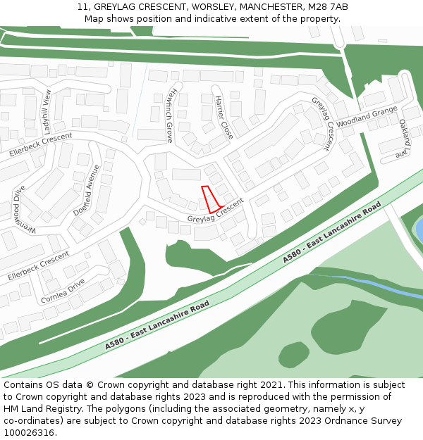 11, GREYLAG CRESCENT, WORSLEY, MANCHESTER, M28 7AB: Location map and indicative extent of plot