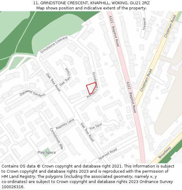 11, GRINDSTONE CRESCENT, KNAPHILL, WOKING, GU21 2RZ: Location map and indicative extent of plot