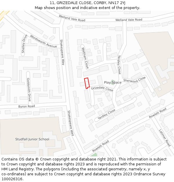 11, GRIZEDALE CLOSE, CORBY, NN17 2YJ: Location map and indicative extent of plot