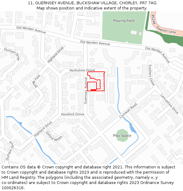 11, GUERNSEY AVENUE, BUCKSHAW VILLAGE, CHORLEY, PR7 7AG: Location map and indicative extent of plot