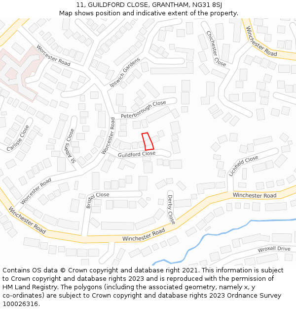 11, GUILDFORD CLOSE, GRANTHAM, NG31 8SJ: Location map and indicative extent of plot