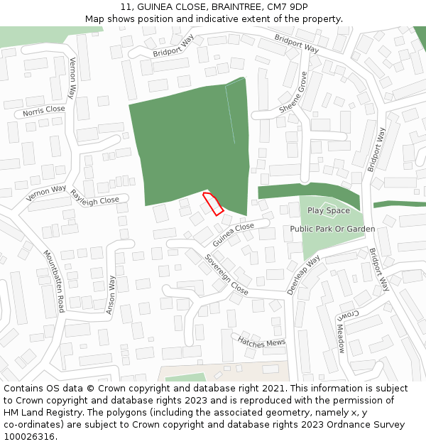 11, GUINEA CLOSE, BRAINTREE, CM7 9DP: Location map and indicative extent of plot