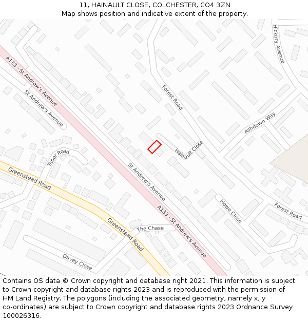 11, HAINAULT CLOSE, COLCHESTER, CO4 3ZN: Location map and indicative extent of plot
