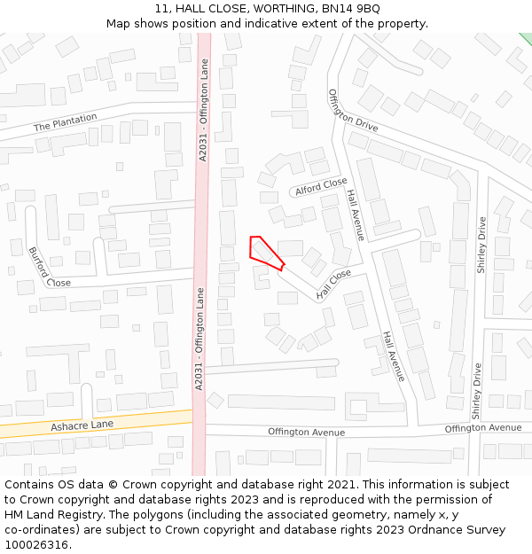 11, HALL CLOSE, WORTHING, BN14 9BQ: Location map and indicative extent of plot
