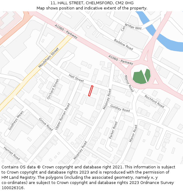 11, HALL STREET, CHELMSFORD, CM2 0HG: Location map and indicative extent of plot