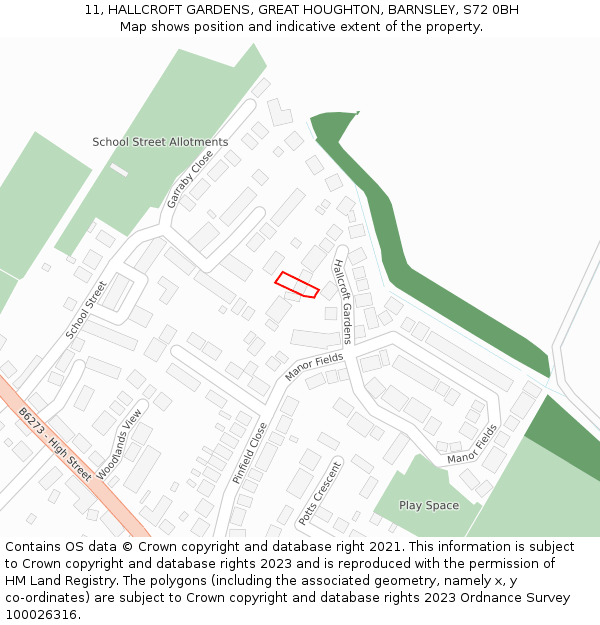 11, HALLCROFT GARDENS, GREAT HOUGHTON, BARNSLEY, S72 0BH: Location map and indicative extent of plot