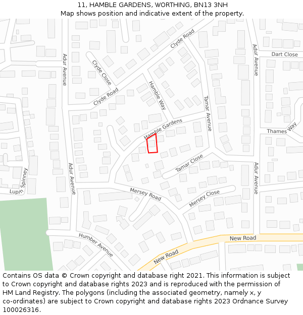 11, HAMBLE GARDENS, WORTHING, BN13 3NH: Location map and indicative extent of plot
