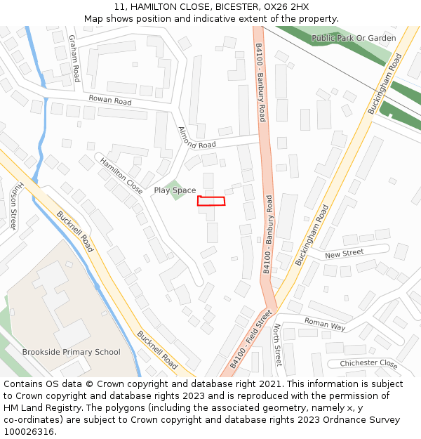 11, HAMILTON CLOSE, BICESTER, OX26 2HX: Location map and indicative extent of plot