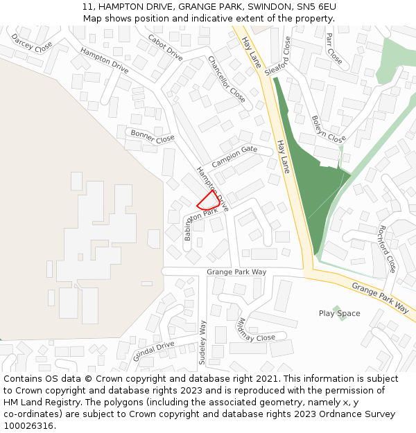 11, HAMPTON DRIVE, GRANGE PARK, SWINDON, SN5 6EU: Location map and indicative extent of plot
