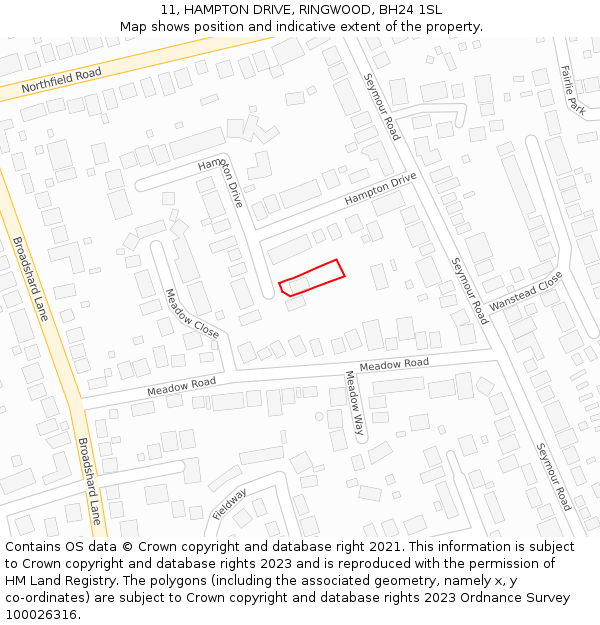 11, HAMPTON DRIVE, RINGWOOD, BH24 1SL: Location map and indicative extent of plot