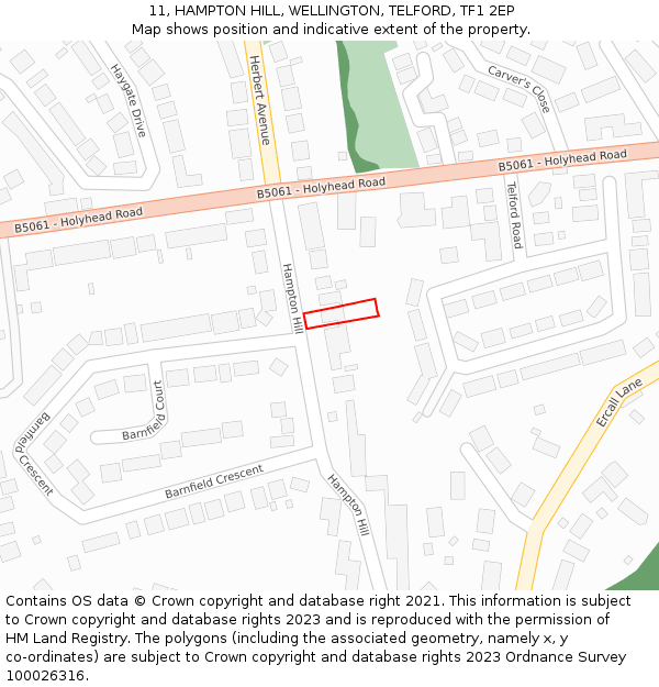 11, HAMPTON HILL, WELLINGTON, TELFORD, TF1 2EP: Location map and indicative extent of plot