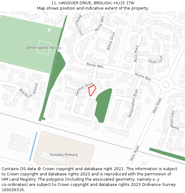 11, HANOVER DRIVE, BROUGH, HU15 1TW: Location map and indicative extent of plot