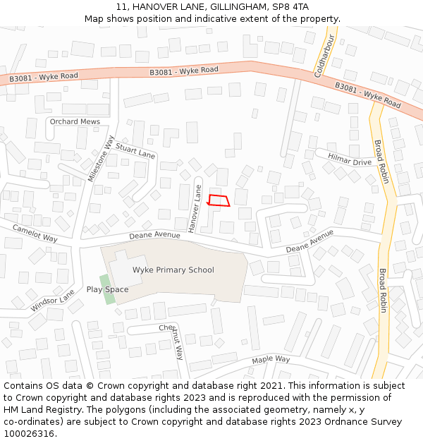 11, HANOVER LANE, GILLINGHAM, SP8 4TA: Location map and indicative extent of plot