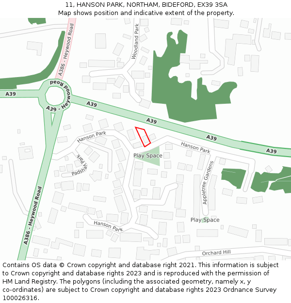 11, HANSON PARK, NORTHAM, BIDEFORD, EX39 3SA: Location map and indicative extent of plot