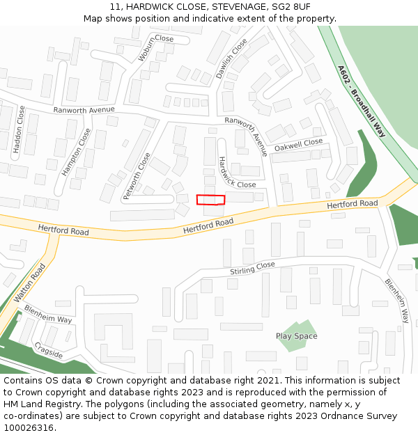 11, HARDWICK CLOSE, STEVENAGE, SG2 8UF: Location map and indicative extent of plot