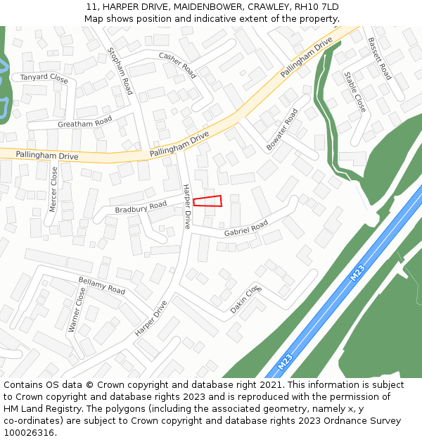 11, HARPER DRIVE, MAIDENBOWER, CRAWLEY, RH10 7LD: Location map and indicative extent of plot