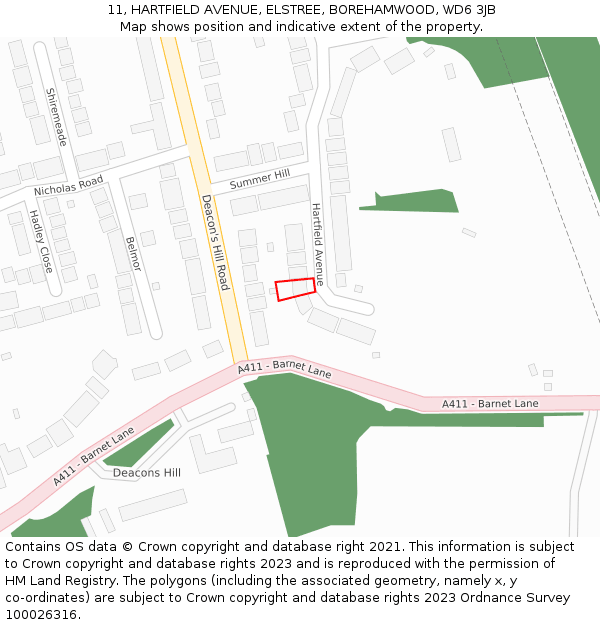 11, HARTFIELD AVENUE, ELSTREE, BOREHAMWOOD, WD6 3JB: Location map and indicative extent of plot