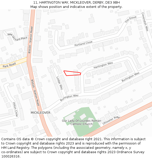 11, HARTINGTON WAY, MICKLEOVER, DERBY, DE3 9BH: Location map and indicative extent of plot