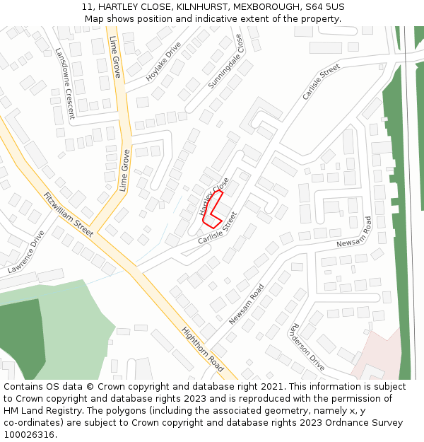 11, HARTLEY CLOSE, KILNHURST, MEXBOROUGH, S64 5US: Location map and indicative extent of plot