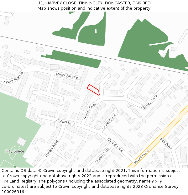 11, HARVEY CLOSE, FINNINGLEY, DONCASTER, DN9 3RD: Location map and indicative extent of plot
