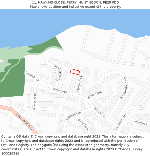 11, HAWKINS CLOSE, PERRY, HUNTINGDON, PE28 0DQ: Location map and indicative extent of plot