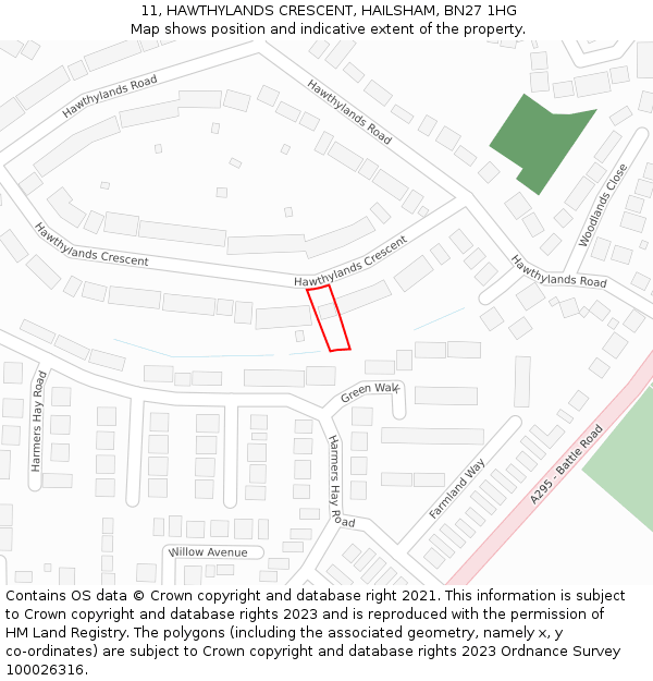 11, HAWTHYLANDS CRESCENT, HAILSHAM, BN27 1HG: Location map and indicative extent of plot