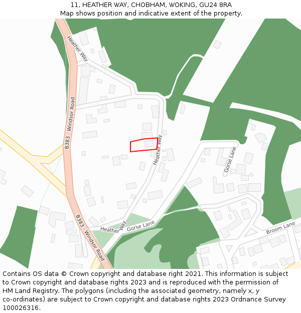 11, HEATHER WAY, CHOBHAM, WOKING, GU24 8RA: Location map and indicative extent of plot
