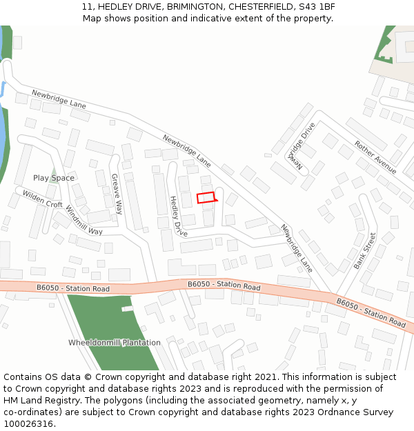 11, HEDLEY DRIVE, BRIMINGTON, CHESTERFIELD, S43 1BF: Location map and indicative extent of plot