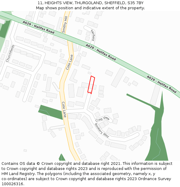 11, HEIGHTS VIEW, THURGOLAND, SHEFFIELD, S35 7BY: Location map and indicative extent of plot