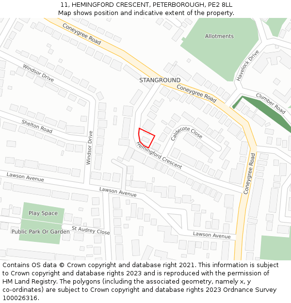 11, HEMINGFORD CRESCENT, PETERBOROUGH, PE2 8LL: Location map and indicative extent of plot