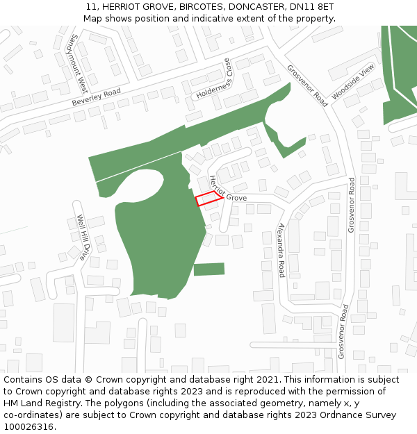 11, HERRIOT GROVE, BIRCOTES, DONCASTER, DN11 8ET: Location map and indicative extent of plot