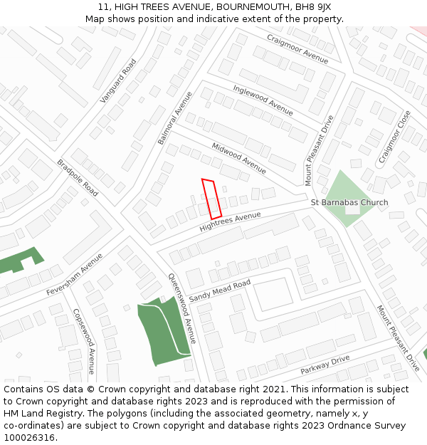 11, HIGH TREES AVENUE, BOURNEMOUTH, BH8 9JX: Location map and indicative extent of plot