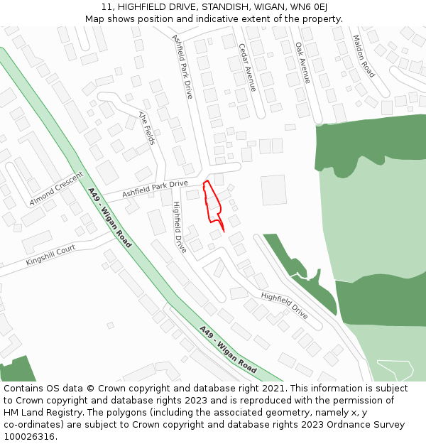 11, HIGHFIELD DRIVE, STANDISH, WIGAN, WN6 0EJ: Location map and indicative extent of plot