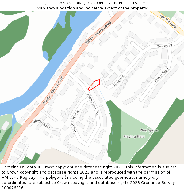 11, HIGHLANDS DRIVE, BURTON-ON-TRENT, DE15 0TY: Location map and indicative extent of plot