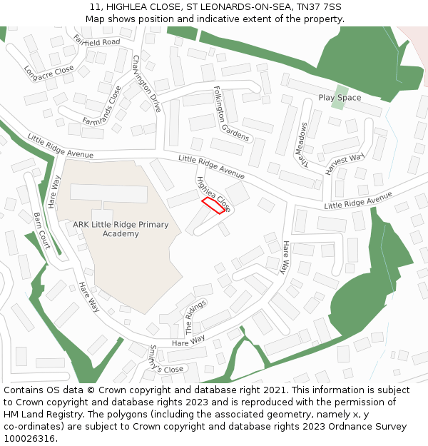 11, HIGHLEA CLOSE, ST LEONARDS-ON-SEA, TN37 7SS: Location map and indicative extent of plot