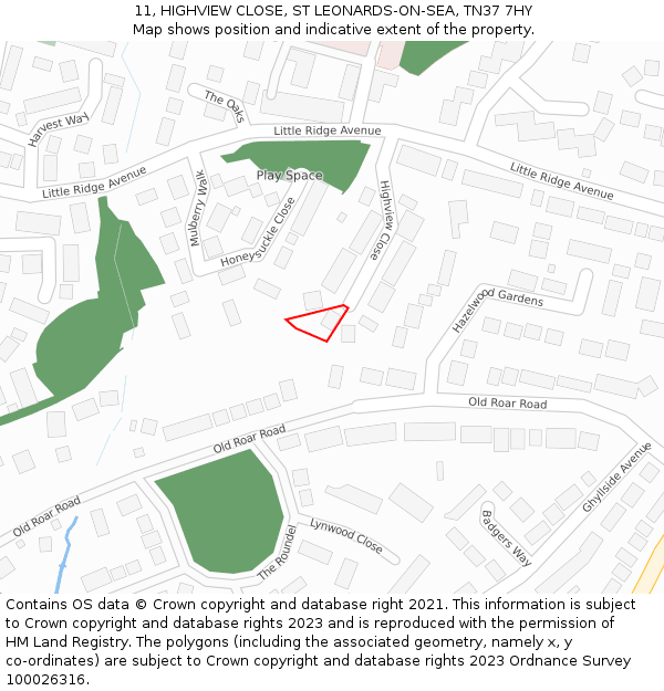 11, HIGHVIEW CLOSE, ST LEONARDS-ON-SEA, TN37 7HY: Location map and indicative extent of plot