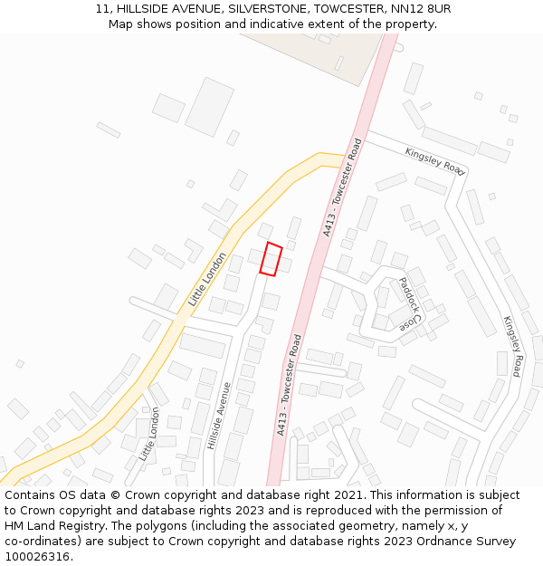 11, HILLSIDE AVENUE, SILVERSTONE, TOWCESTER, NN12 8UR: Location map and indicative extent of plot